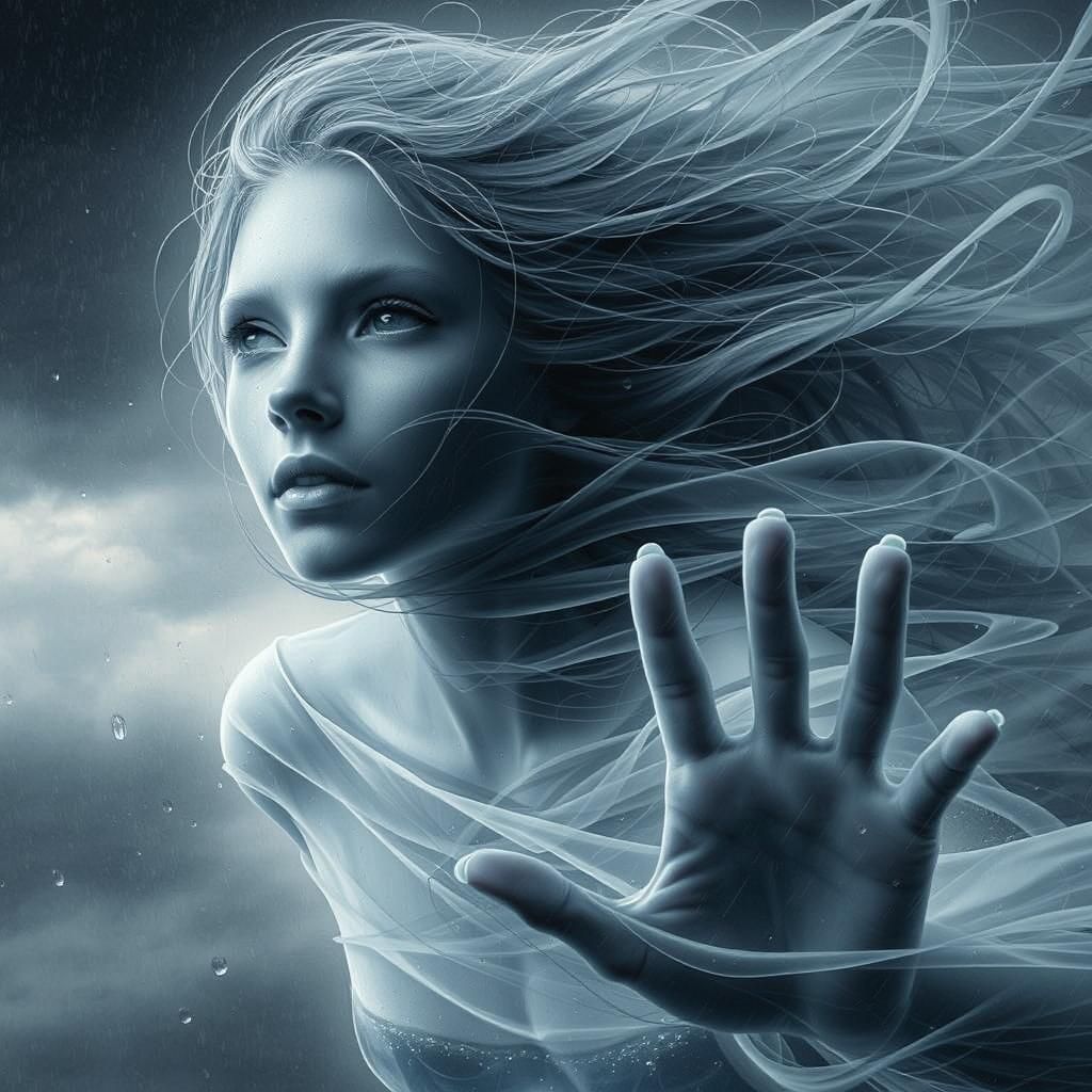 Ethereal Woman Pushing Back Storm in Surreal Digital Art