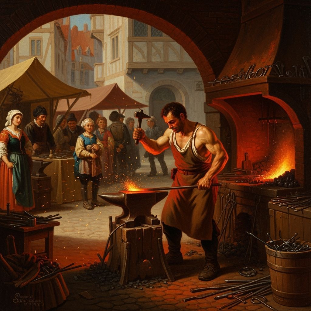 Blacksmith Forging Metal in Medieval Square Oil Painting