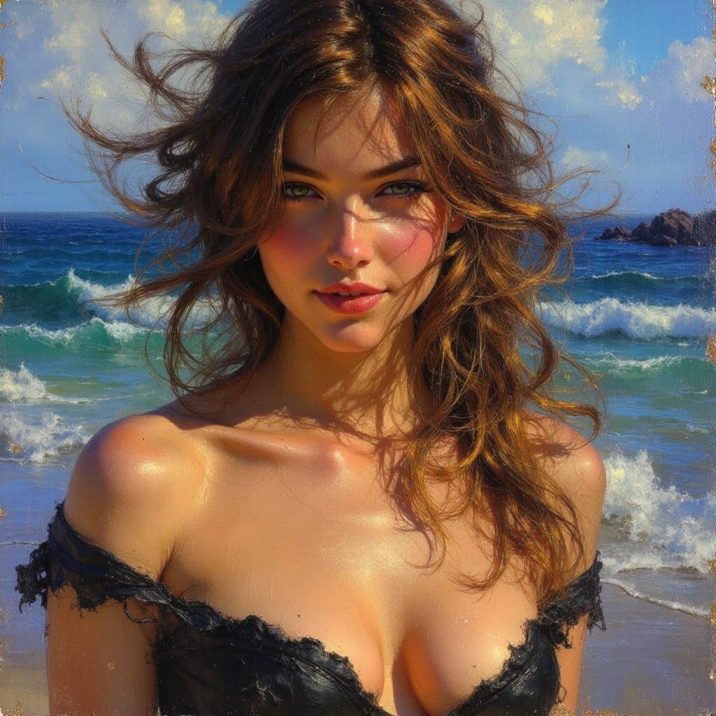 Twilight Beach: Sensual Oil Painting in Impressionist Style