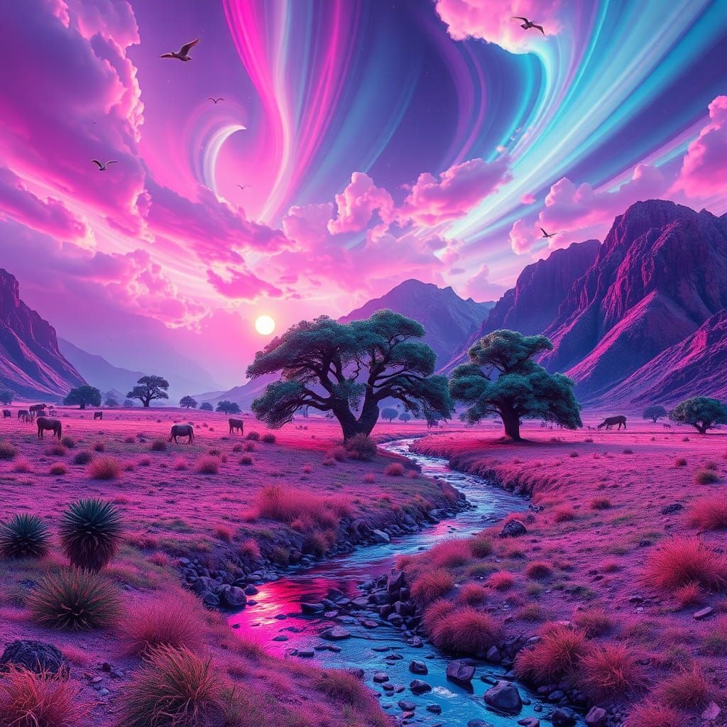 Psychedelic Neon Mountain Range Under Moonlit Sky