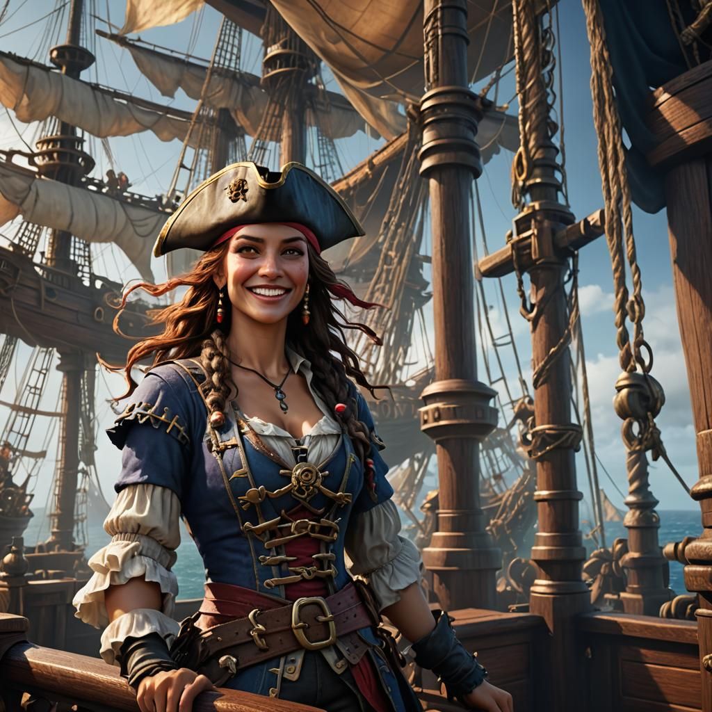 Beautiful Pirate Woman on Galleon Deck