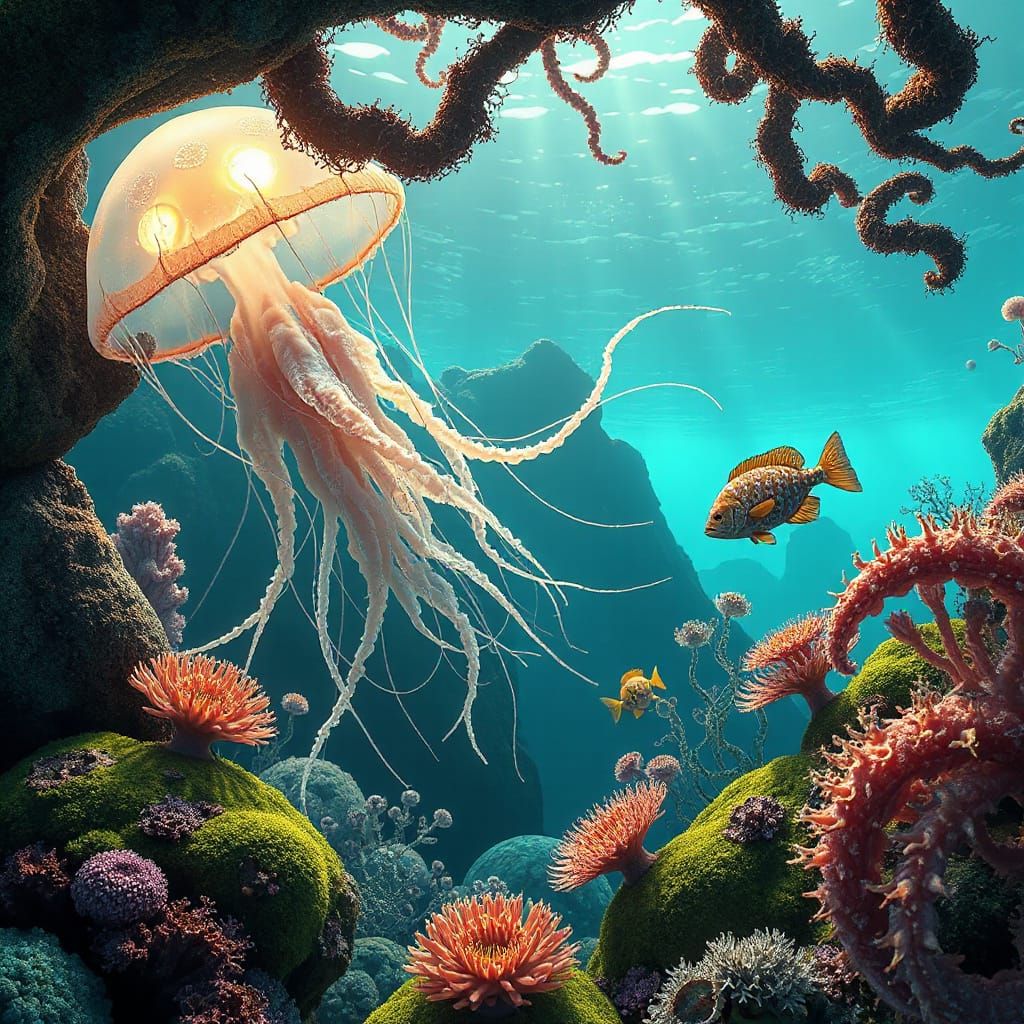Glowing Jellyfish in Bioluminescent Underwater World