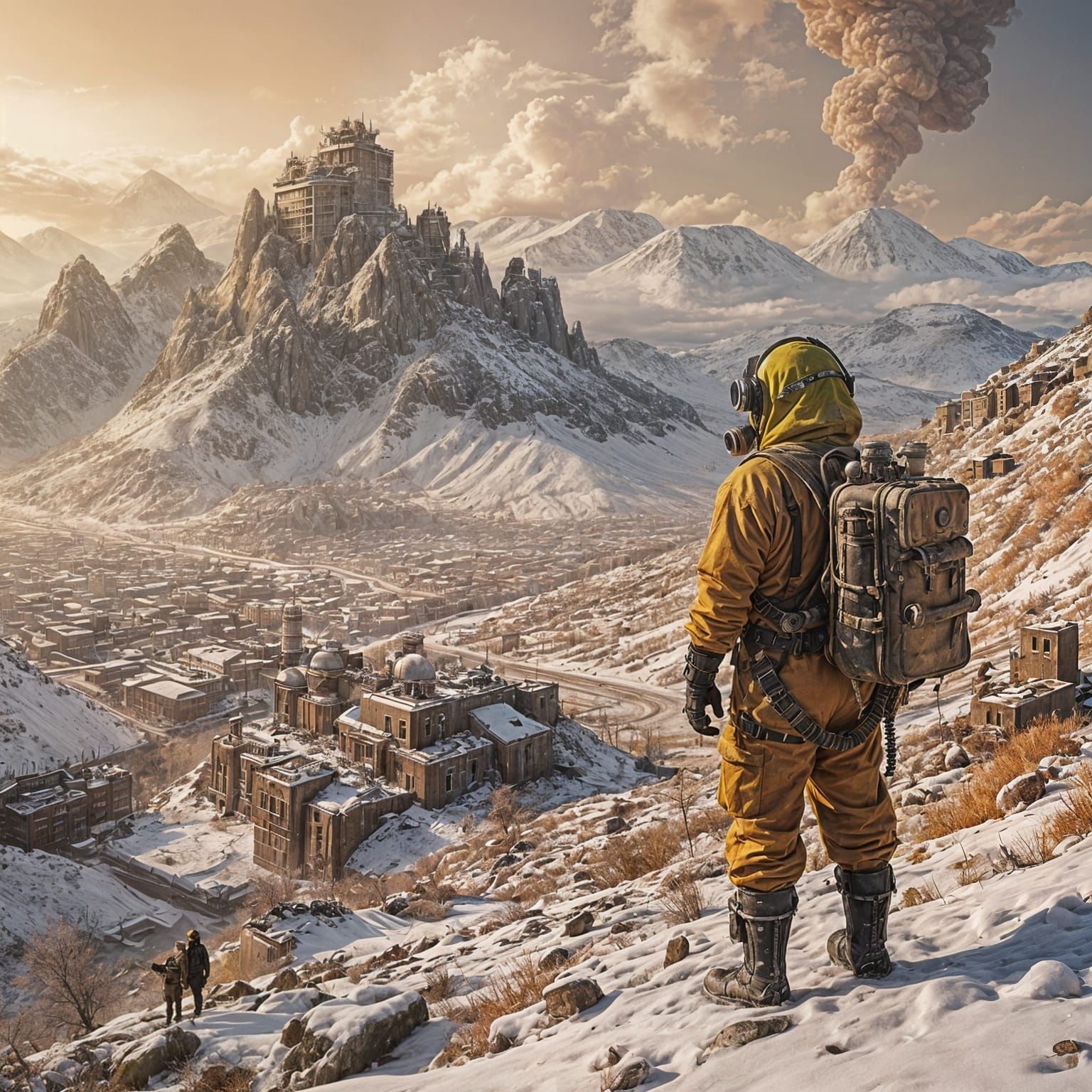 Survivor in a Ruined Cityscape Amidst Nuclear Winter