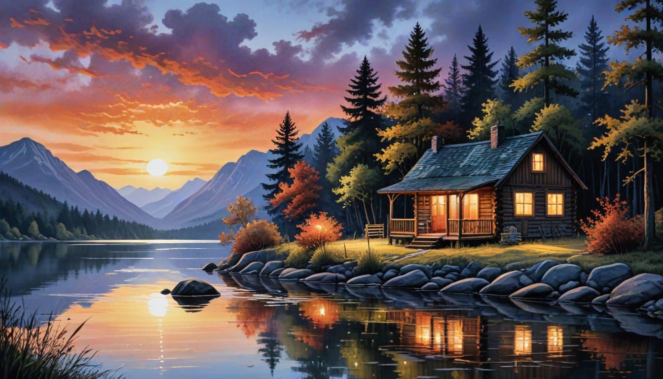 Cabin by Lake at Dawn: Detailed Watercolor