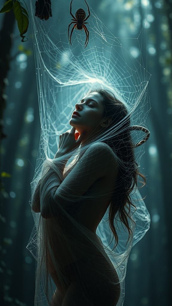 Woman in Spiderweb Cocoon, Ethereal Forest Art