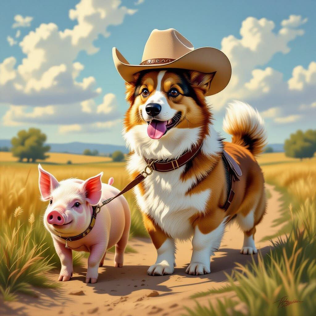 Corgi Cowboy Walks Pig in Rural Landscape