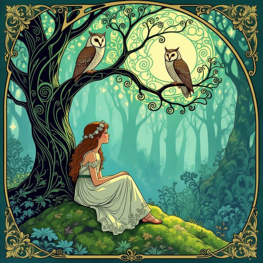 Art Nouveau Girl with Owl Under Bioluminescent Tree