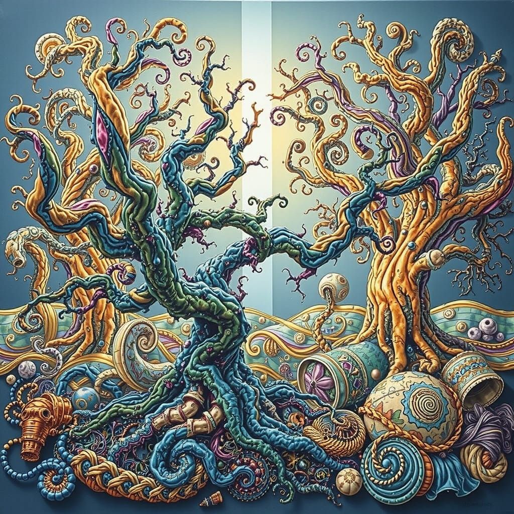 Gnarled Tree Against Swirling Colorful Tessellations