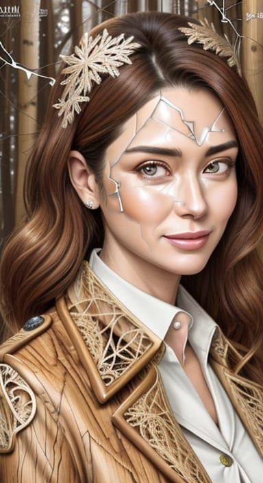 Comic Book-Inspired Portrait of a Lady in a Woodgrain Coat