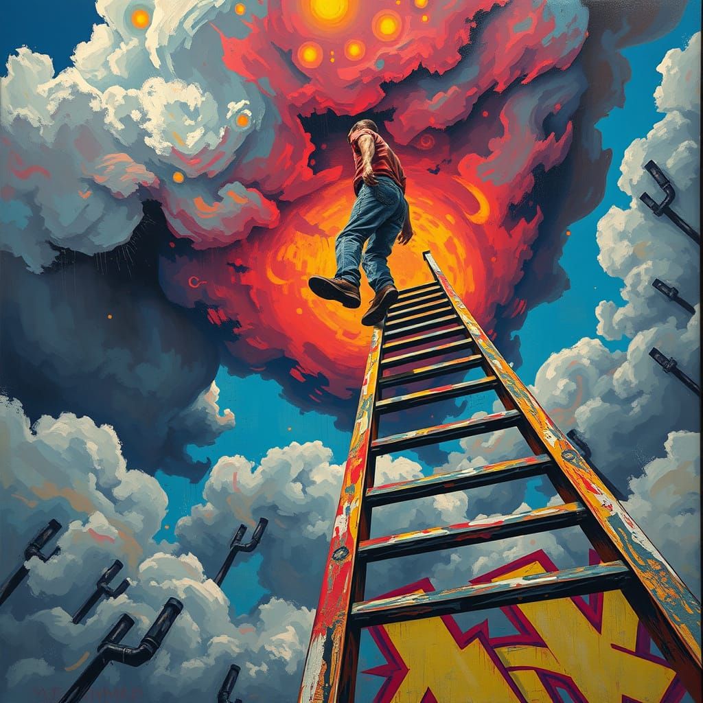 Man on Ladder Amidst Graffiti Clouds in Digital Art