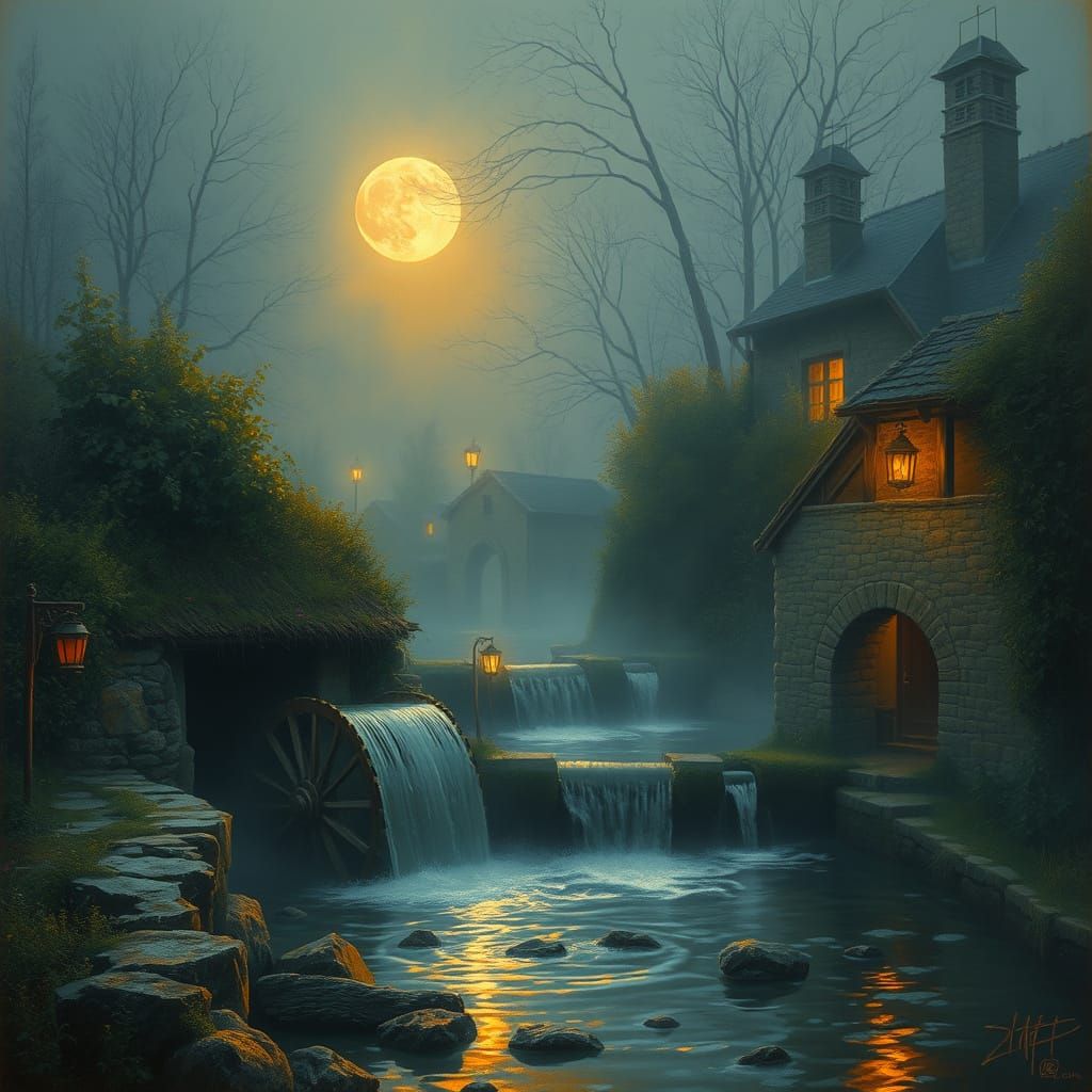 Dreamy Waterwheels in Moonlit Garden