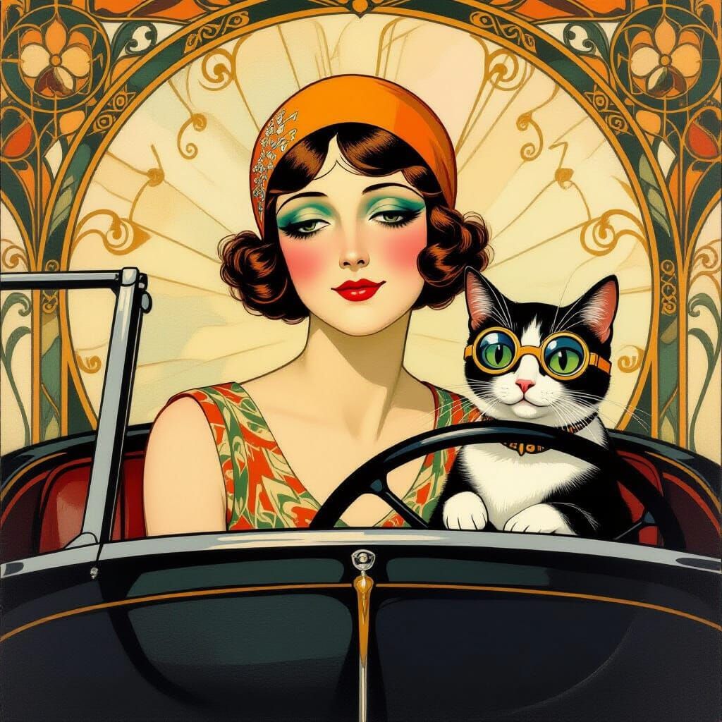 1920s Flapper Girl Drives Art Deco Car with Cat