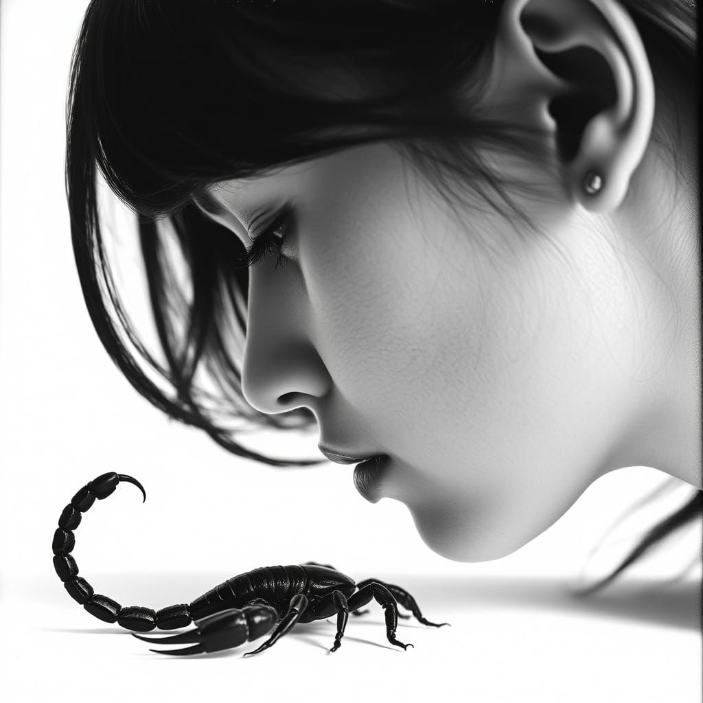 Woman Contemplates Scorpion in Monochromatic Silver Nitrate ...