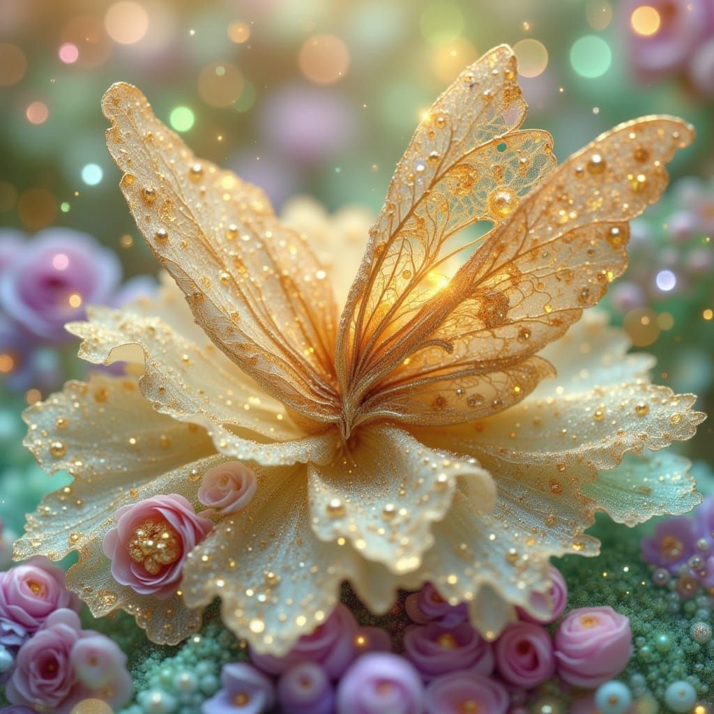 From a bird's eye view, a golden lace moth, crafted from exquisite porcelain, rests delicately on a fractal-patterned fl...