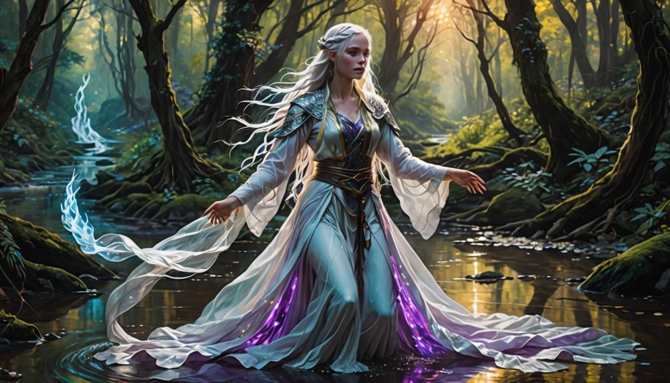 Female Angel Dancing in Forest Stream, Oil Painting