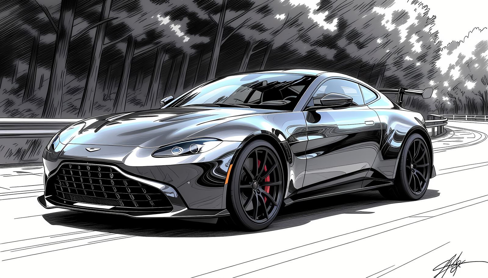 Detailed Aston Martin Vantage S Line Art in Manga Style