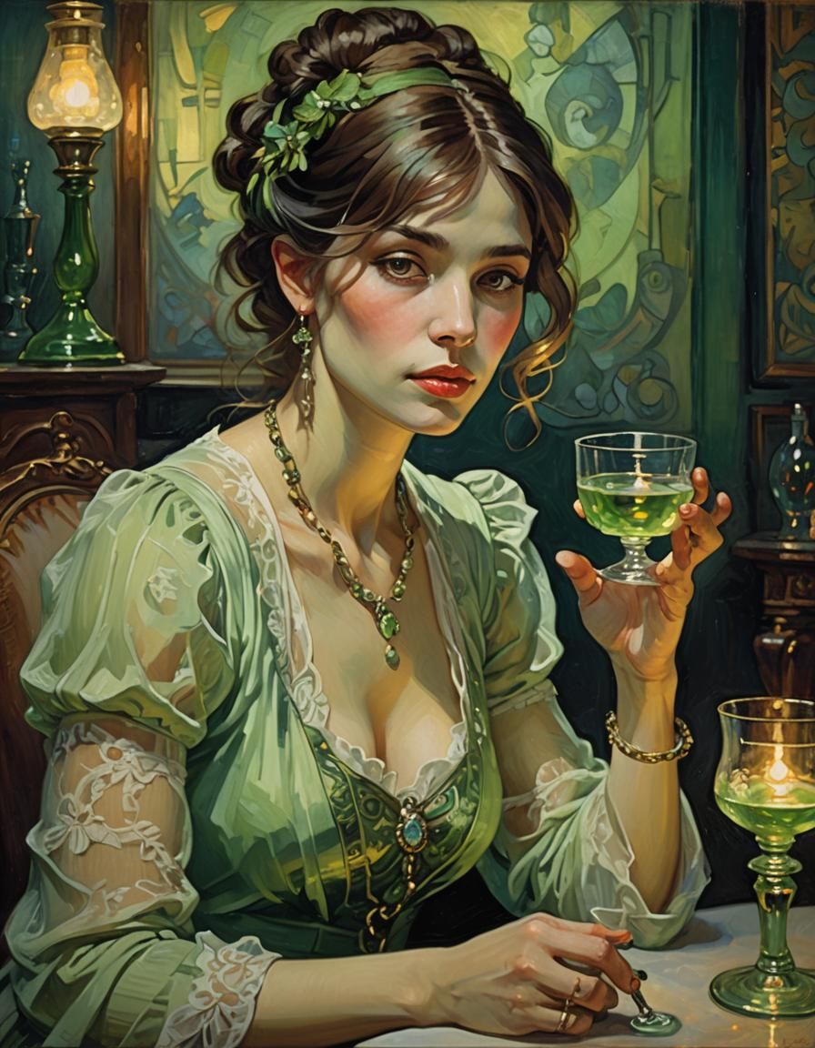 Belle Epoque Woman Drinks Absinthe: Impressionist Oil Painti...