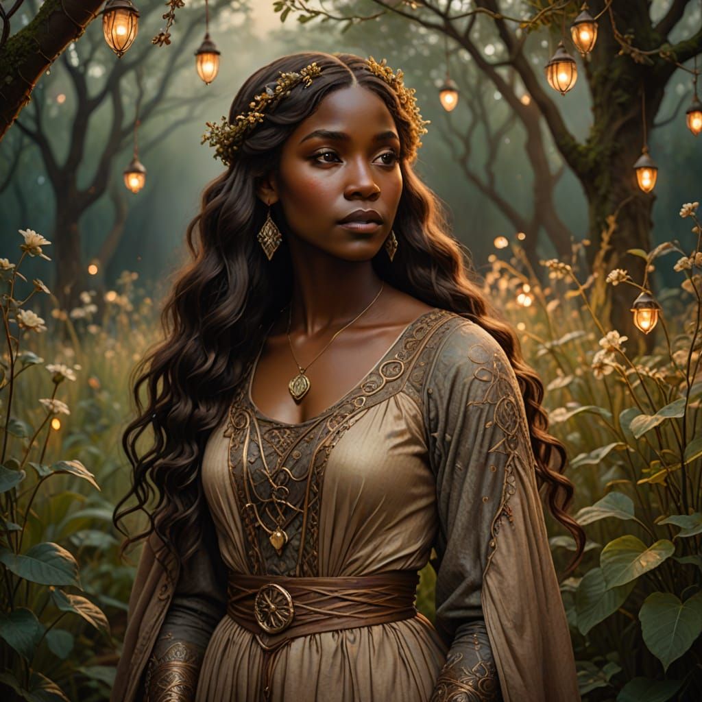 Earthy Portrait of Woman in Garden, Art Nouveau Style