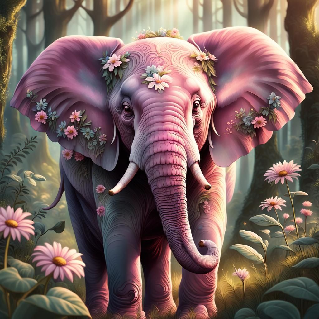 Pink Elephant in Forest: Whimsical Art Nouveau Illustration
