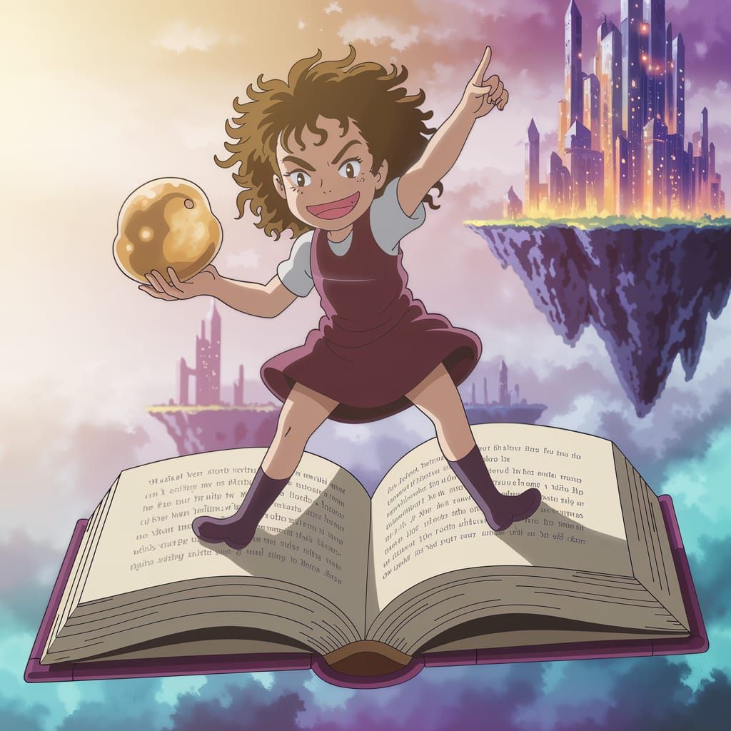 Mischievous Anime Girl Stands on Floating Book in Whimsical ...
