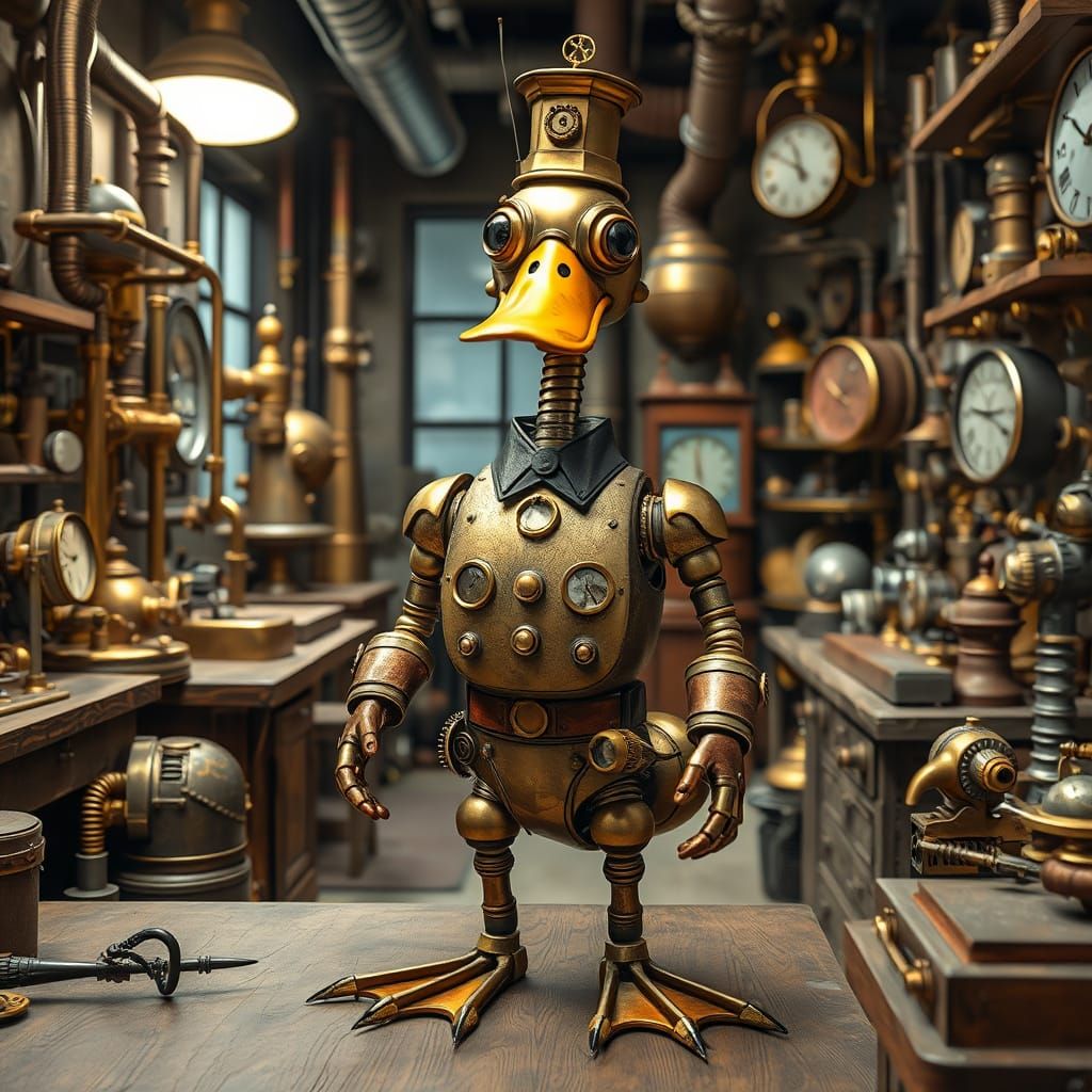 Steampunk Robot Duck Butler in Claymation Style