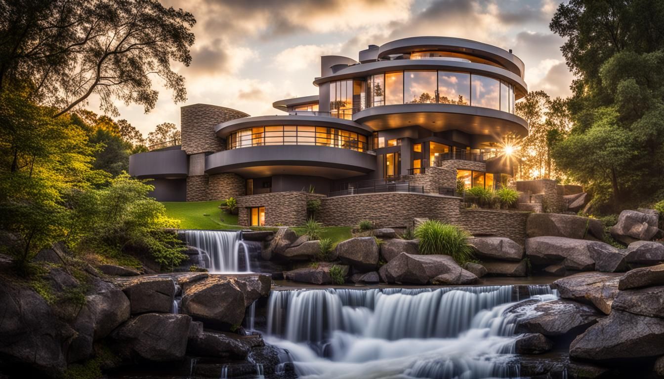 Modern Villa Above Waterfall in Wright Style