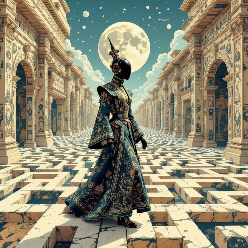 Escher-Inspired Figure Navigates Dreamlike Labyrinth