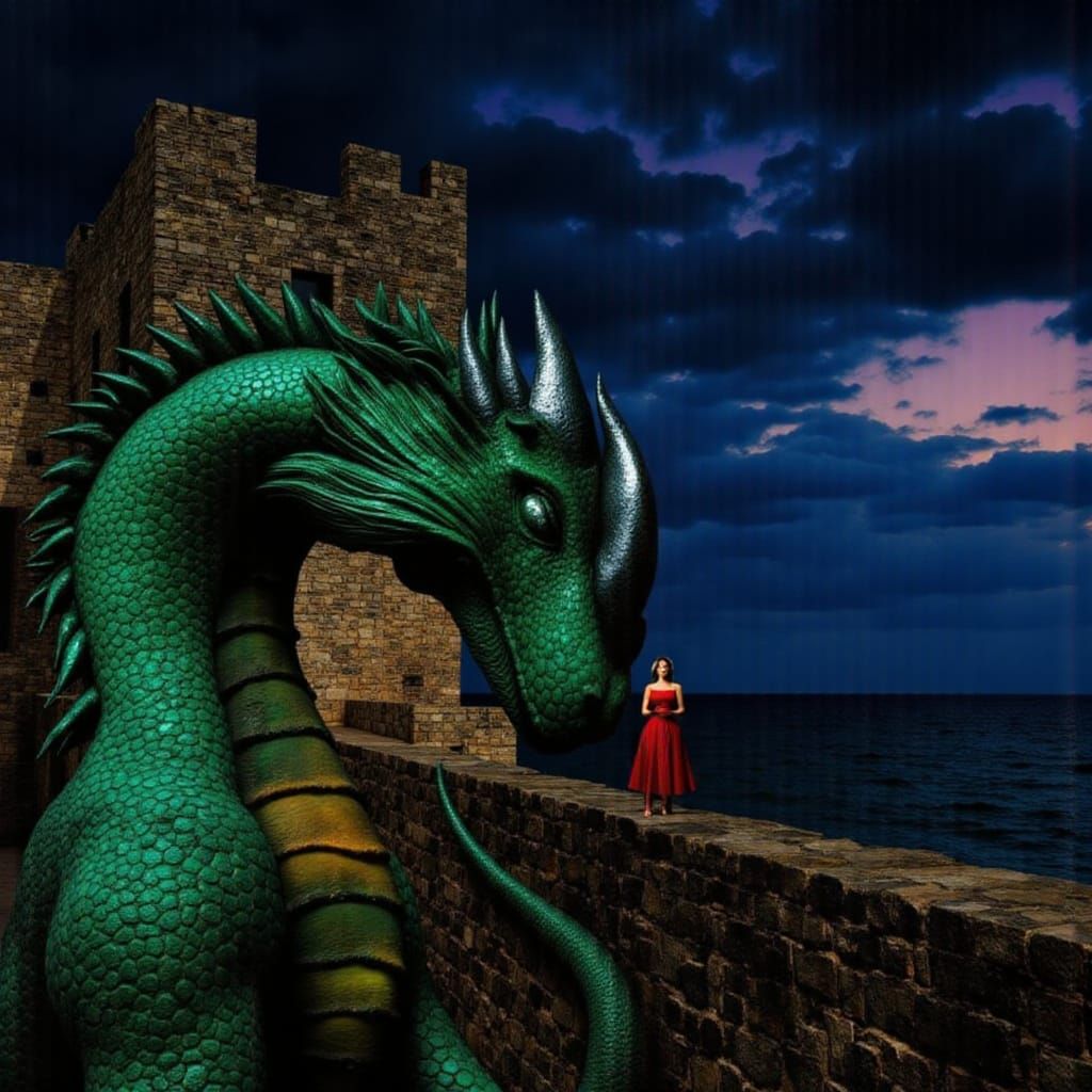 Dragon Emerges From Sea To Castle