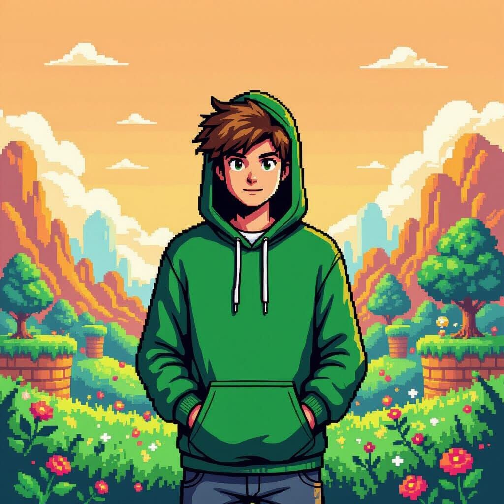 16-bit Teen in Green Hoodie Pixel Art