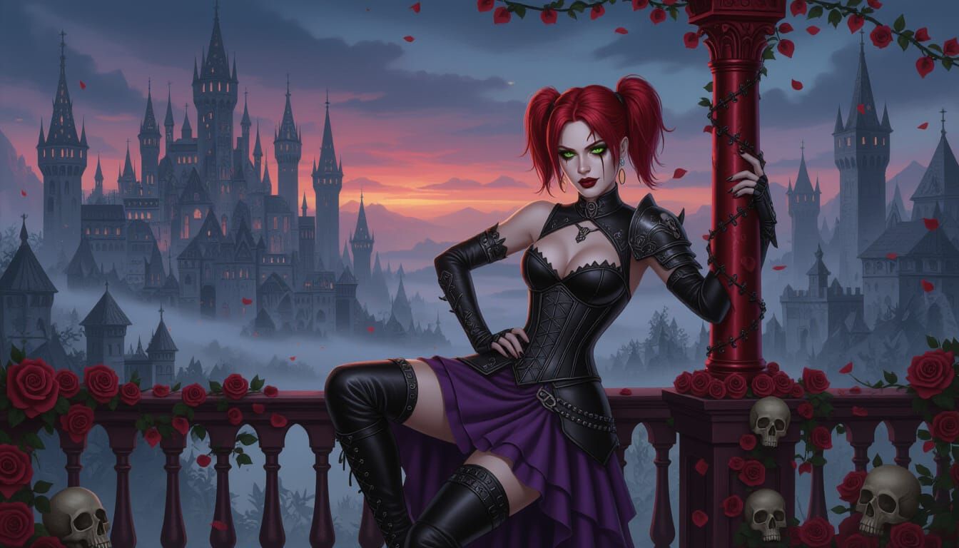 Gothic Vampire Huntress in Foggy Ravenloft Valley Dusk