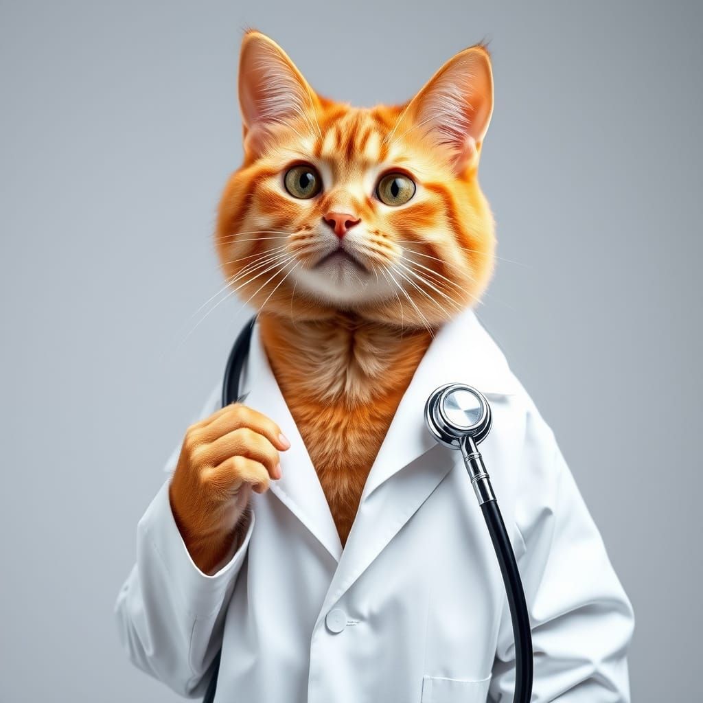 Whimsical Orange Cat Doctor Examining Patients