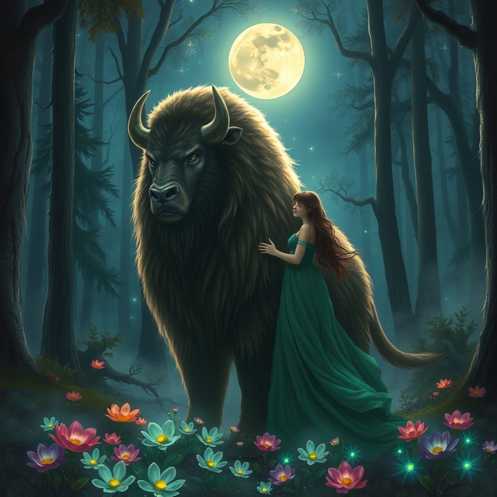 Majestic Beast Embraced by Woman in Enchanted Moonlit Forest
