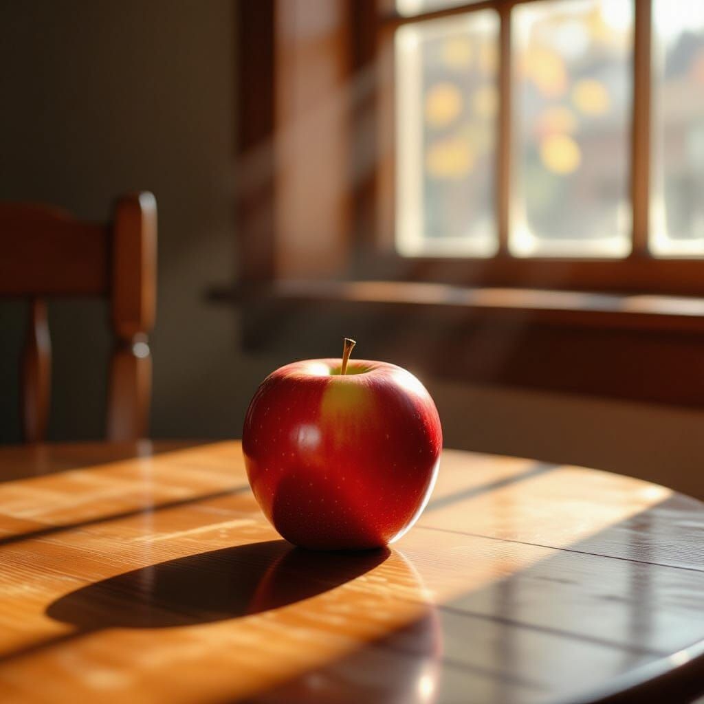 Photorealistic Red Apple on Wooden Table in Soft Light