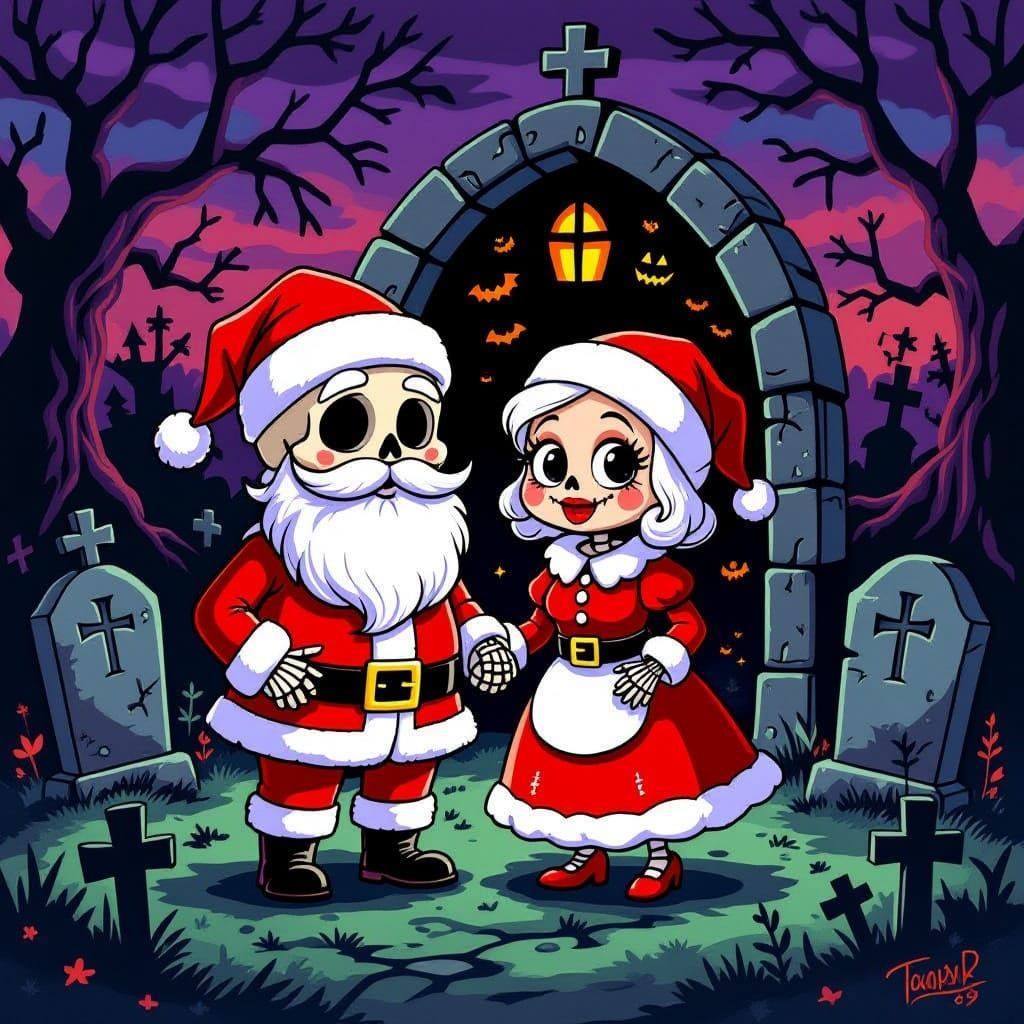 Skeleton Santa & Mrs. Claus in Spooky Graveyard Crypt