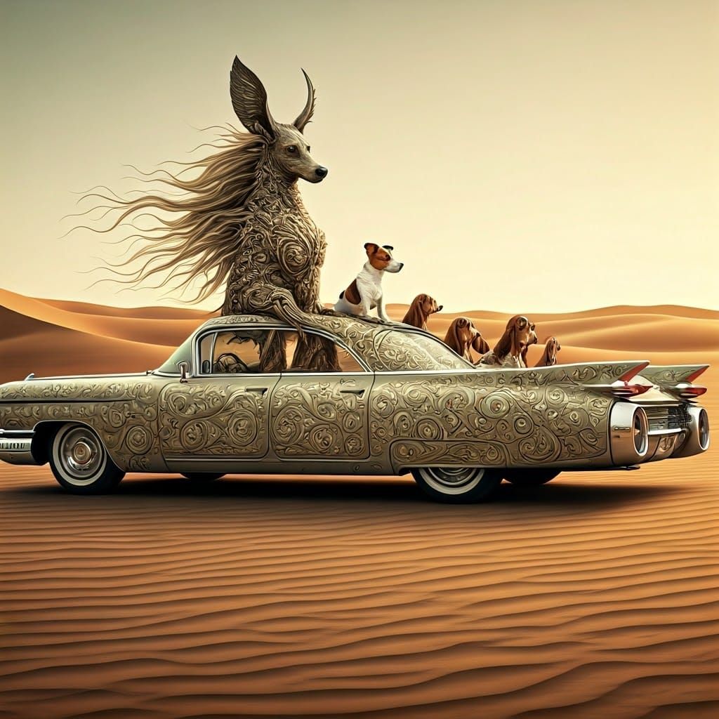 Mystical Cadillac with Dogs in Haeckel and Walker Style