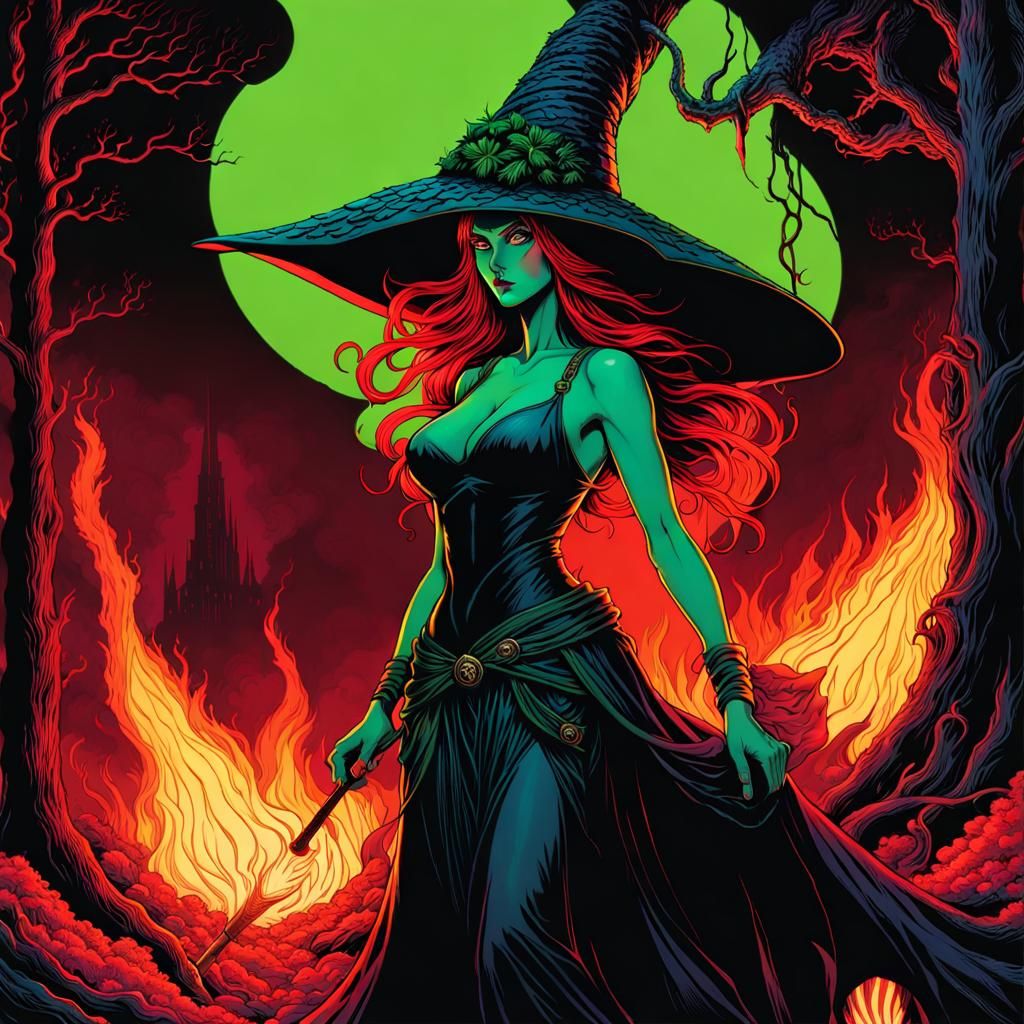 Forest Witch in Crimson Glow with Fiery Plants