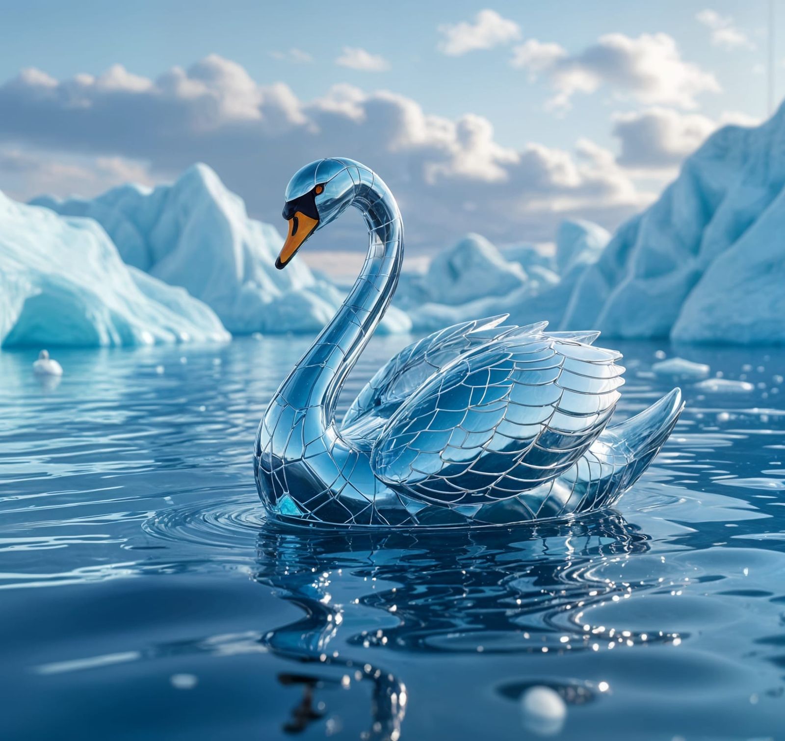 Sea Glass Swan with Futuristic Sci-Fi Details