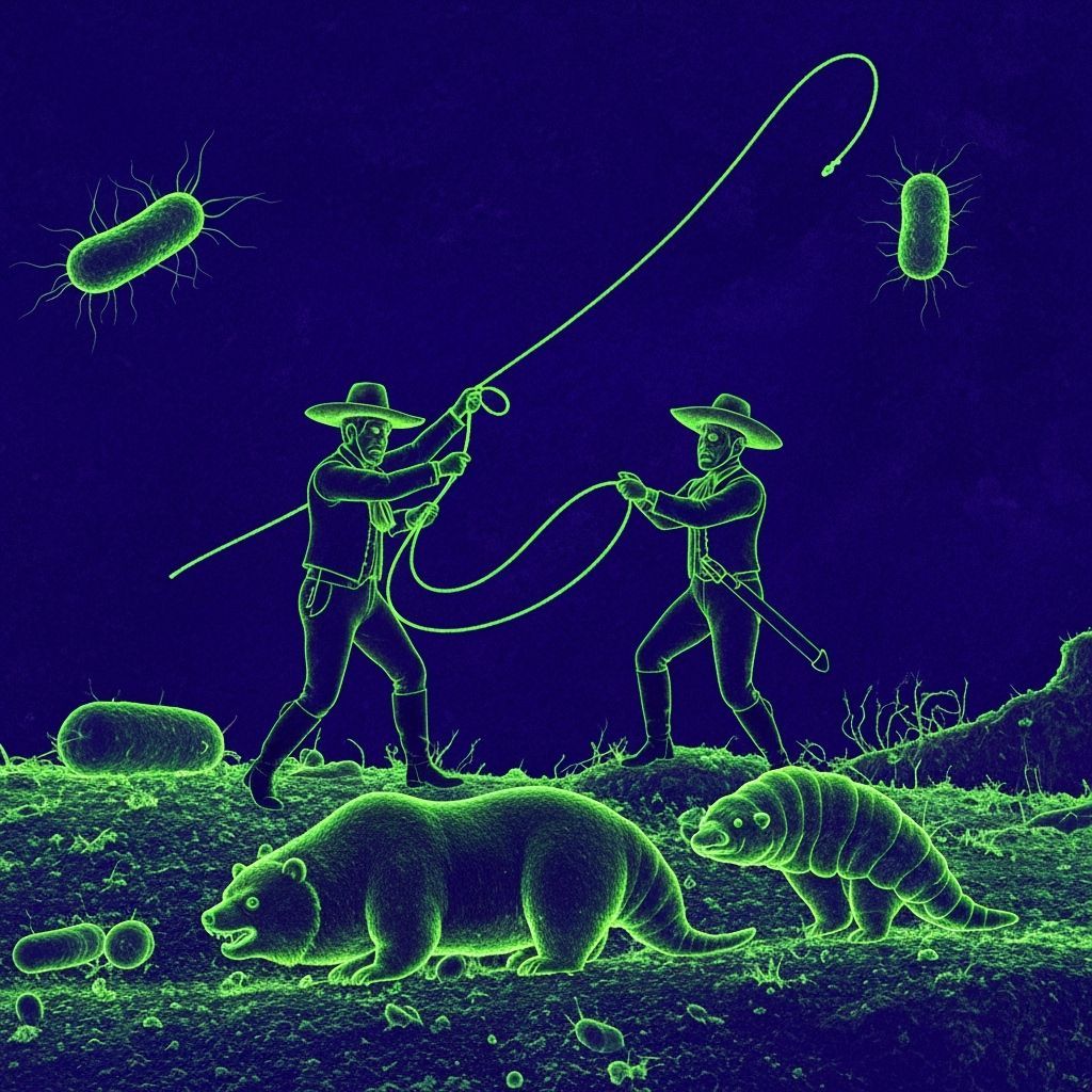 Vaqueros Lassoing Tartigrade in Fluorescent Hologram Style