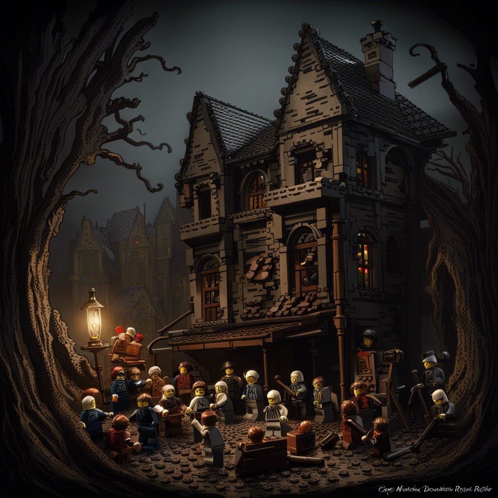 Lego Horror Scene in Engraving Style