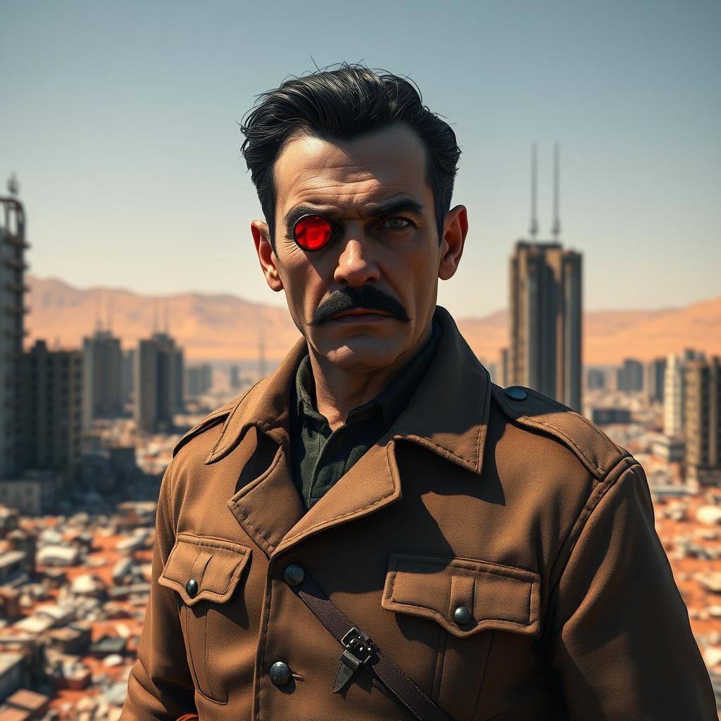 Soviet Man with Cybernetic Eye in Ruined City