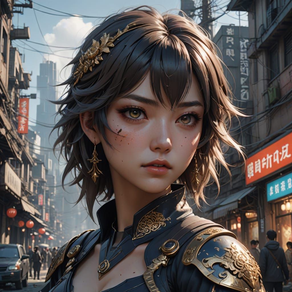 Anime Girl in War-Torn City, 3D Art