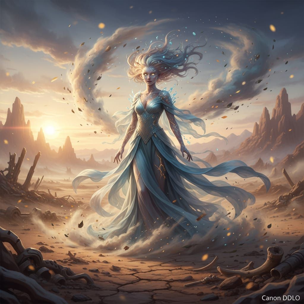 Mist Elemental Ascends in Golden Hour Desert