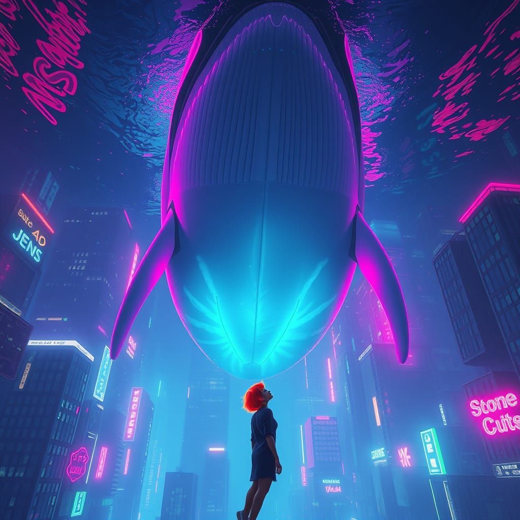 Underwater City: Woman and Bioluminescent Whale in Graffiti ...