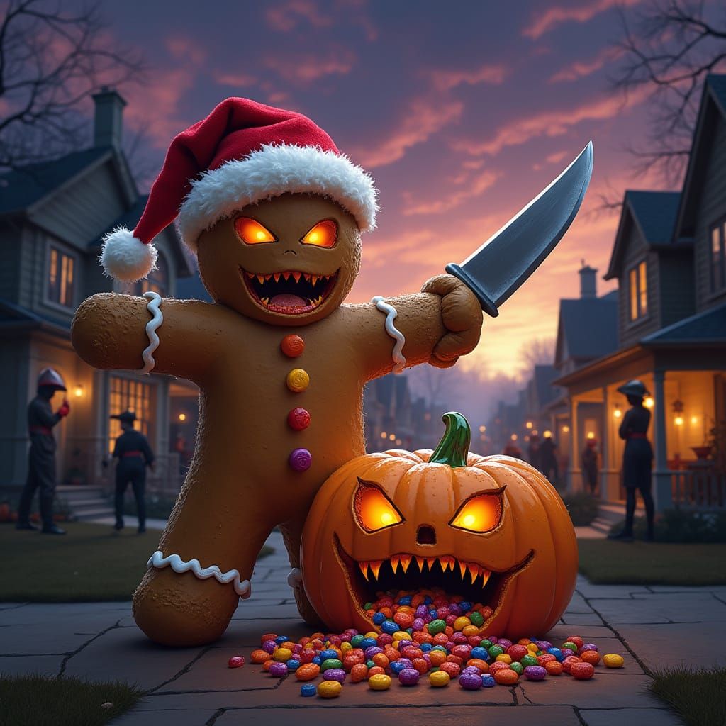 Menacing Gingerbread Man with Knife Threatens Jack-o'-Lanter...