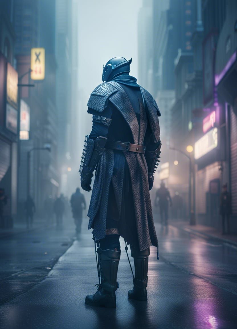Cyberpunk Knight in Misty Street, Hyperrealistic HDR