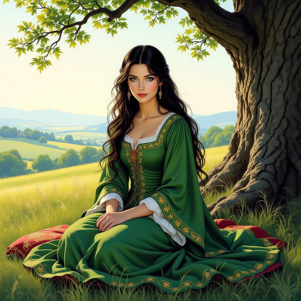 Medieval Woman in Emerald Gown, Fantasy Art Style