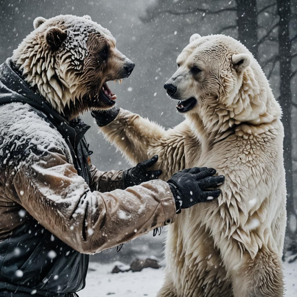 Bear Grylls and Hugging Polar Bear in Snowfall