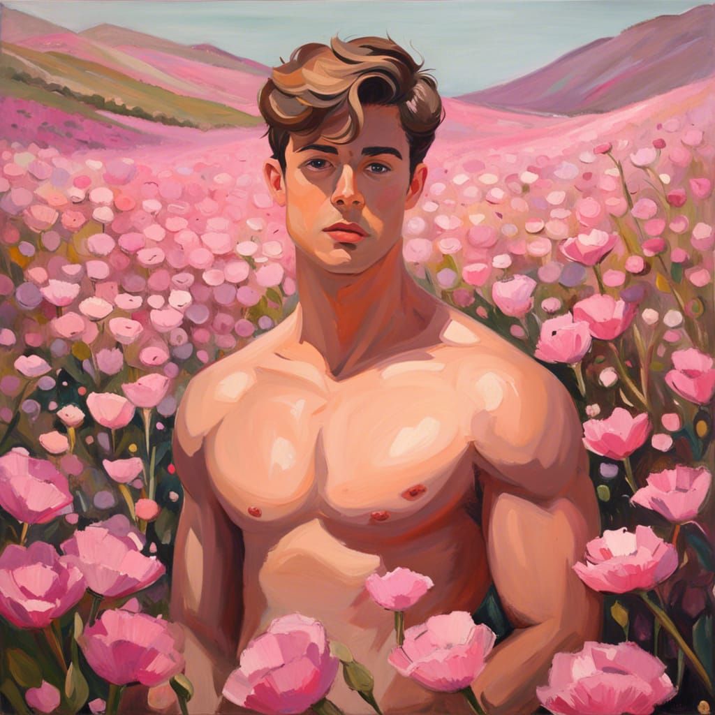 Gay Man in Pink Flower Field Impasto Painting