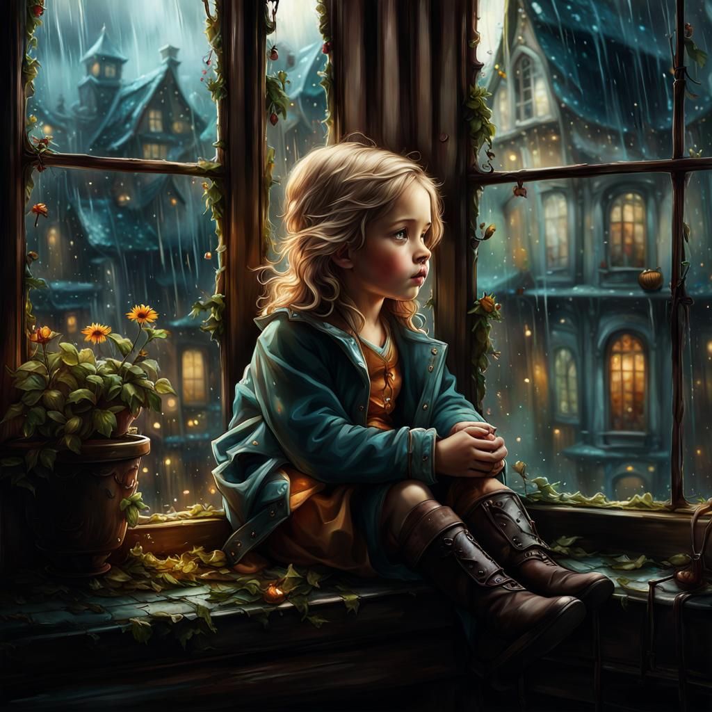 Sad Girl in Rainy Window: Fantasycore Art