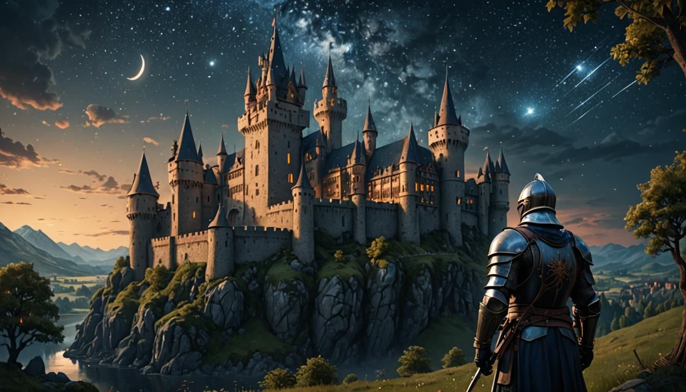 Knight Guarding Medieval Castle Under Stars